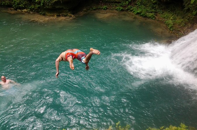 Falmouth Shore Excursion Blue Hole and Dunn's River Falls Combo - Stop 1, Blue Hole: Rope Swing Thrills, Clay, and Cave-Adjacent Fun